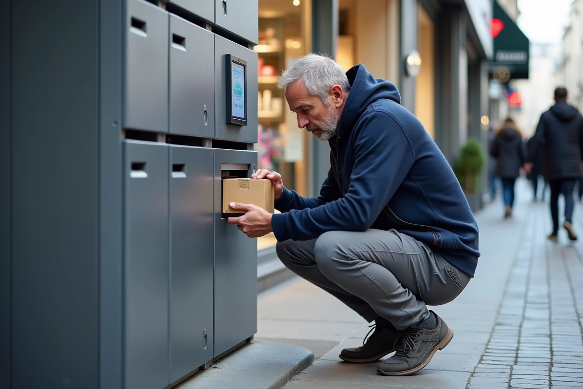 Homme utilisant une consigne automatique pour déposer un colis Vinted Go en ville
