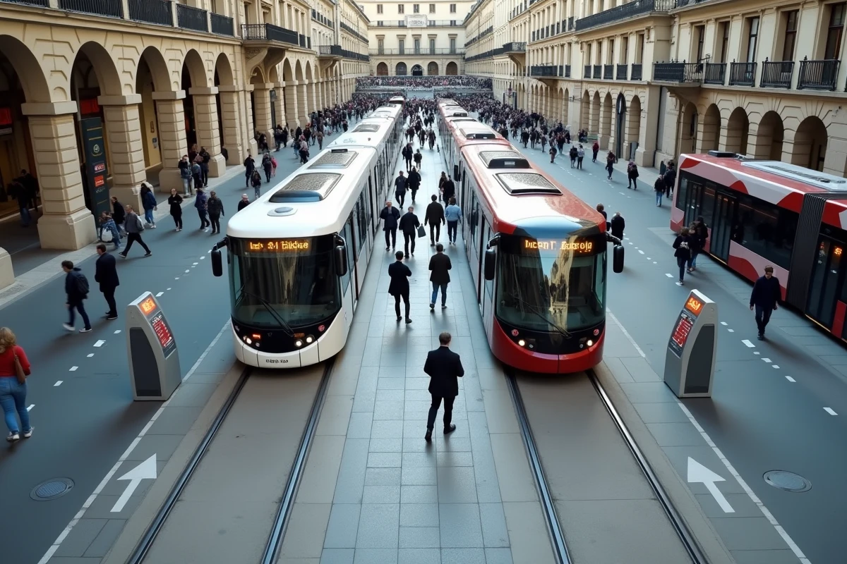 Correspondance entre tram et bus TBM dans un carrefour central du réseau de transport en commun de Bordeaux