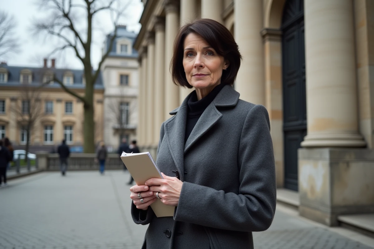 Correspondante diplomatique française debout devant un bâtiment institutionnel européen, carnet de notes en main, dans une atmosphère journalistique authentique