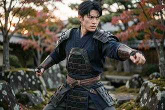 Cosplayeur en costume de samouraï sombre en posture de combat dans un jardin japonais, illustration de l'animé Lune Démoniaque