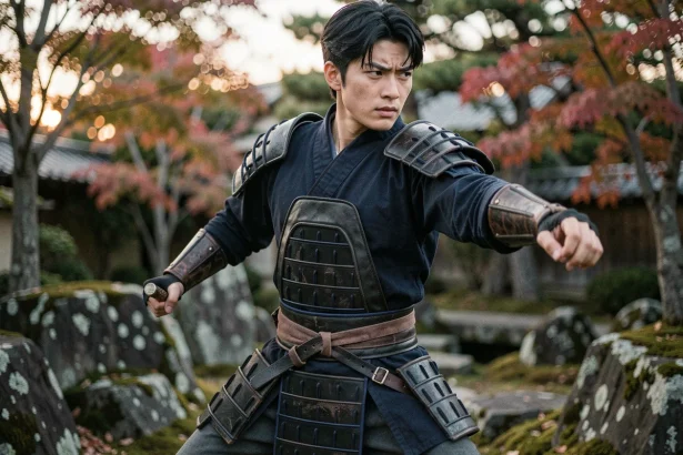 Cosplayeur en costume de samouraï sombre en posture de combat dans un jardin japonais, illustration de l'animé Lune Démoniaque
