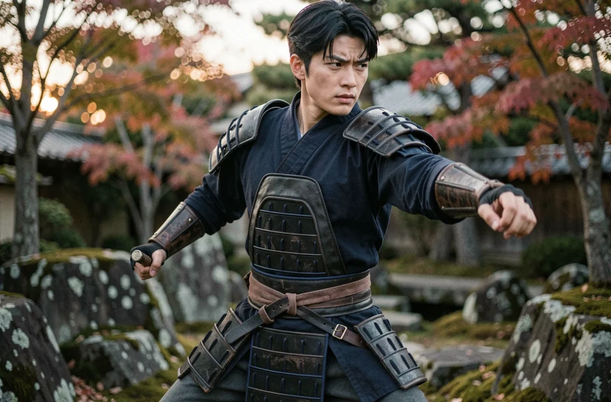 Cosplayeur en costume de samouraï sombre en posture de combat dans un jardin japonais, illustration de l'animé Lune Démoniaque