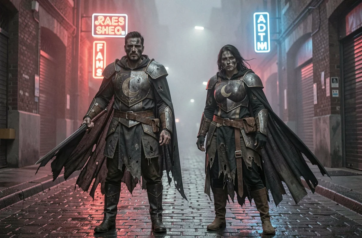 Deux cosplayeurs en armures de fantasy sombre dans une ruelle brumeuse évoquant les combats épiques de Lune Démoniaque