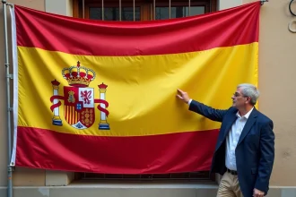 Drapeau espagnol officiel avec bandes rouges et jaunes et blason royal, affiché sur un bâtiment historique de Madrid