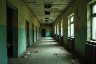 Couloir abandonné d'un hôpital psychiatrique désaffecté avec murs décrépits et lits rouillés, exploration urbaine