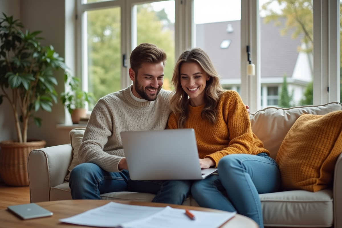 Jeune couple souriant devant leur ordinateur pour un prêt immobilier