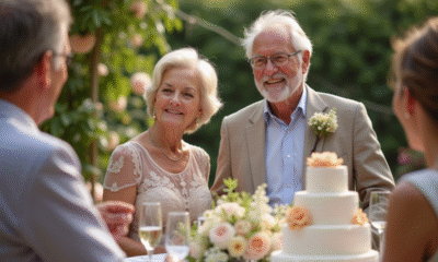 Couple agee souriant avec gateau d anniversaire dans un jardin