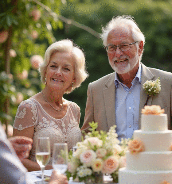 Couple agee souriant avec gateau d anniversaire dans un jardin