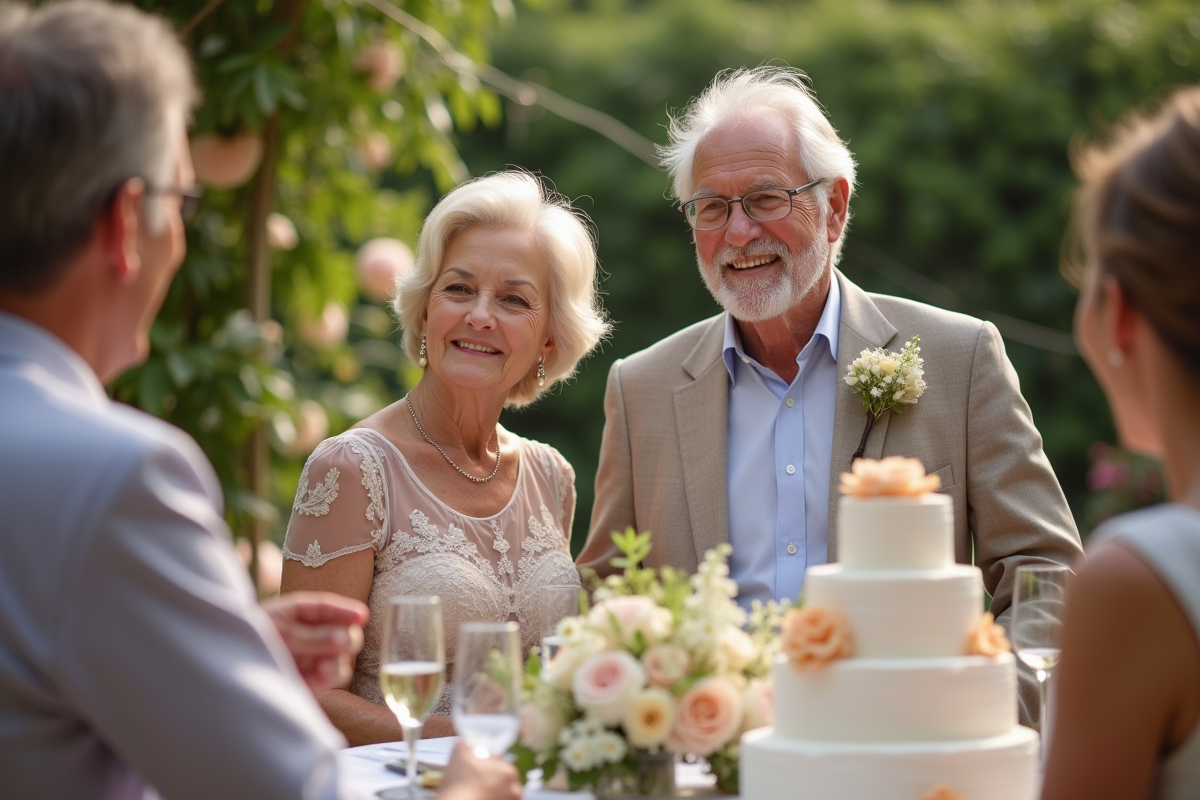 Couple agee souriant avec gateau d anniversaire dans un jardin