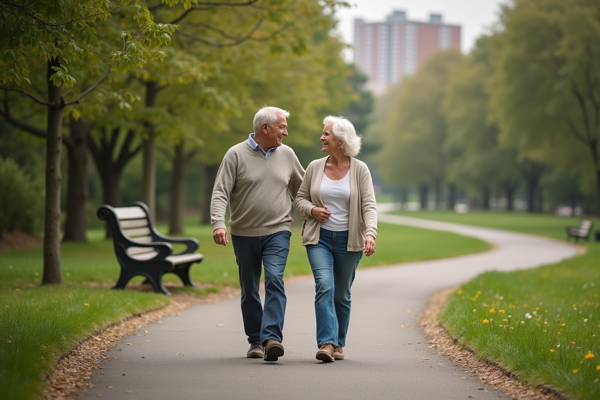 Couple senior marchant dans un parc verdoyant