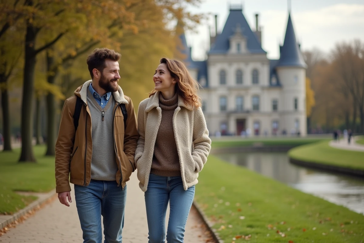 Jeune couple souriant dans un parc près d'un château à Paris