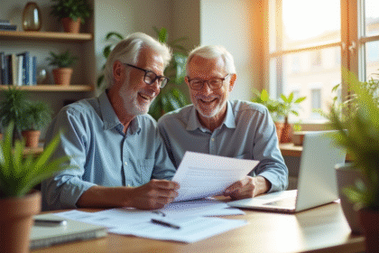 Couple souriant au bureau à domicile pour la retraite