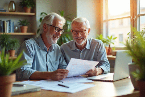 Couple souriant au bureau à domicile pour la retraite