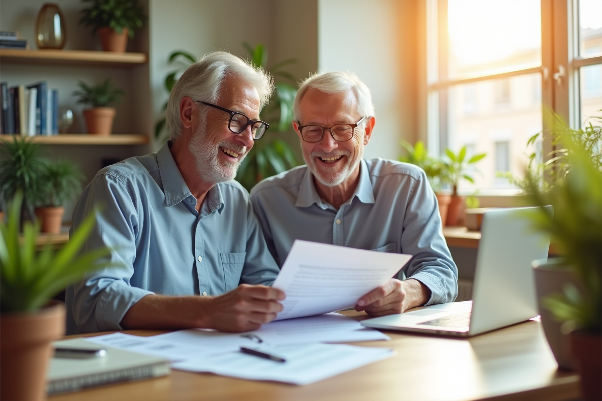Couple souriant au bureau à domicile pour la retraite