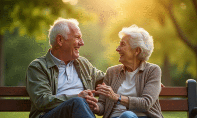 Couple age heureux assis sur un banc ensoleille dans un parc