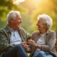 Couple age heureux assis sur un banc ensoleille dans un parc
