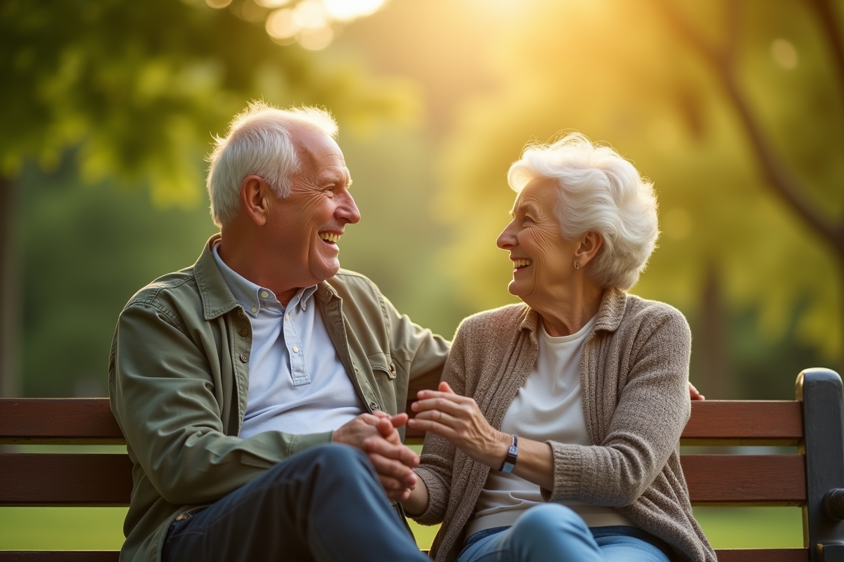 Couple age heureux assis sur un banc ensoleille dans un parc