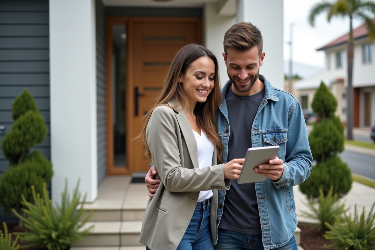 Jeune couple regardant une application d