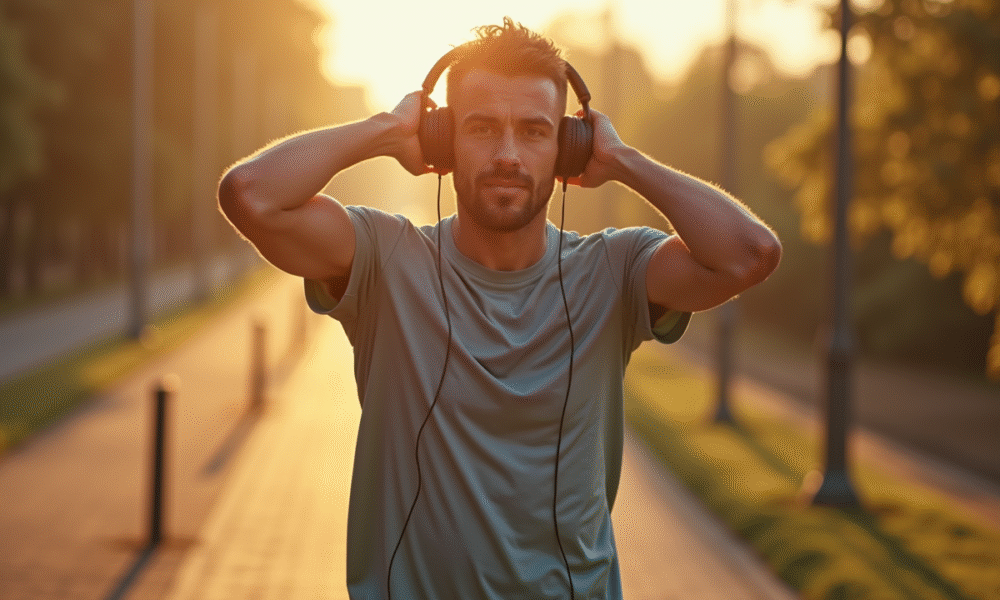 Homme courant en ville avec écouteurs sport sur la tête