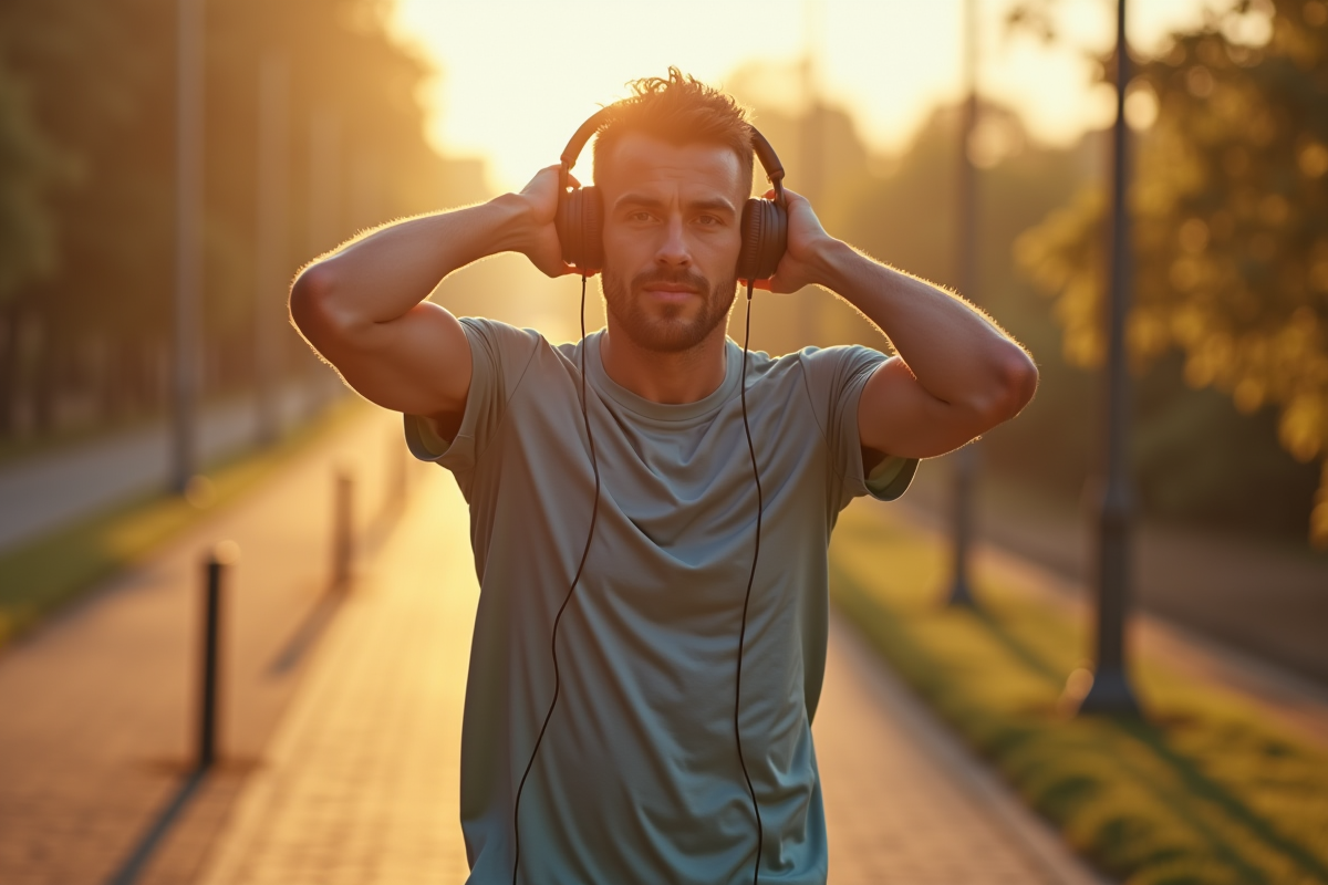 Homme courant en ville avec écouteurs sport sur la tête