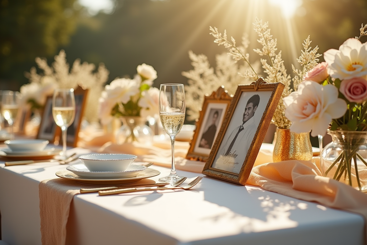 Deco de table dorée et blanche pour anniversaire de mariage