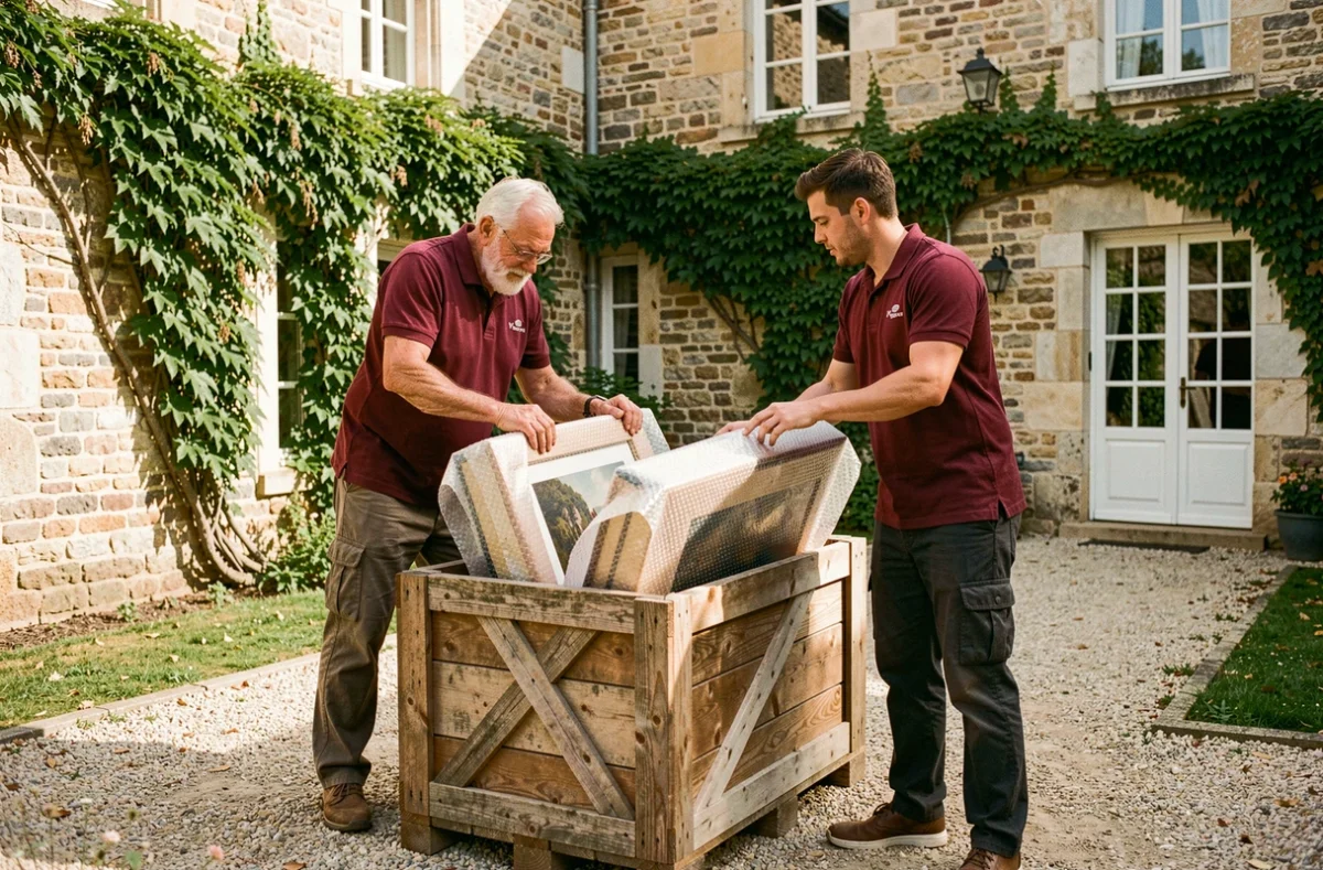 Équipe Déménagements Legros Fils emballant des objets fragiles dans la cour d'une maison de Rueil-Malmaison