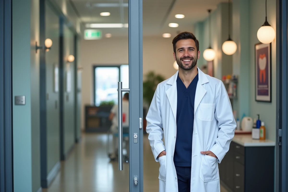 Jeune dentiste accueillant une famille dans la clinique dentaire