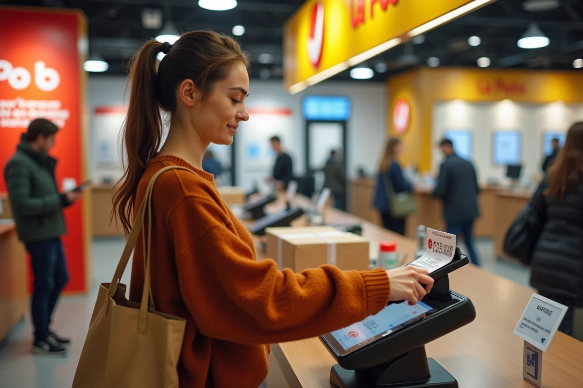Jeune femme déposant un colis Vinted Go à un kiosque en bureau de poste La Poste