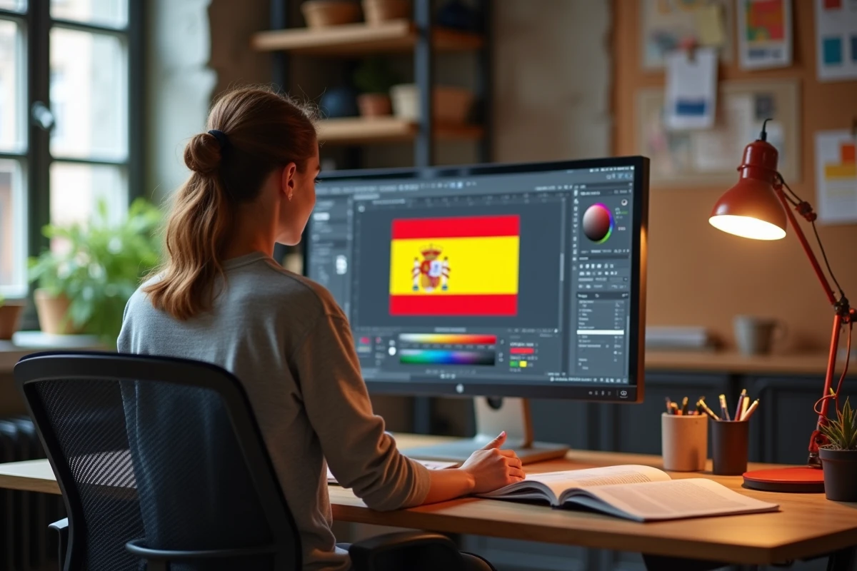 Étudiante en design graphique travaillant sur les couleurs officielles du drapeau espagnol sur un logiciel avec nuancier