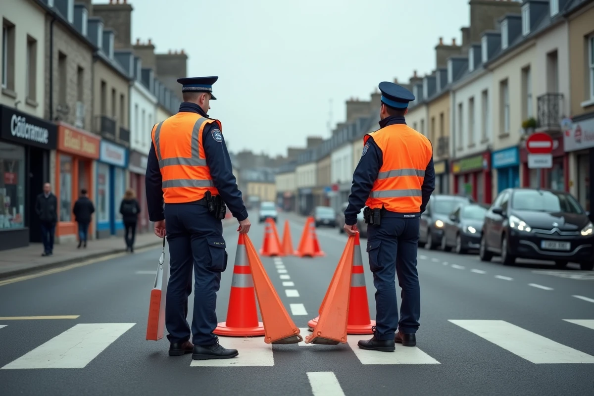 Agent de police et signaleur déviants la circulation après un accident à l'entrée de Lorient