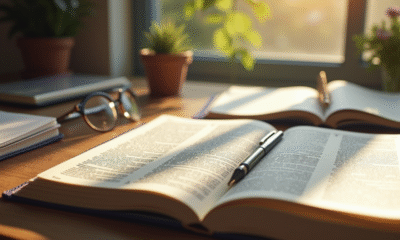 Dictionnaire ouvert sur un bureau ensoleille avec stylo et lunettes