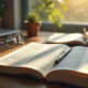 Dictionnaire ouvert sur un bureau ensoleille avec stylo et lunettes