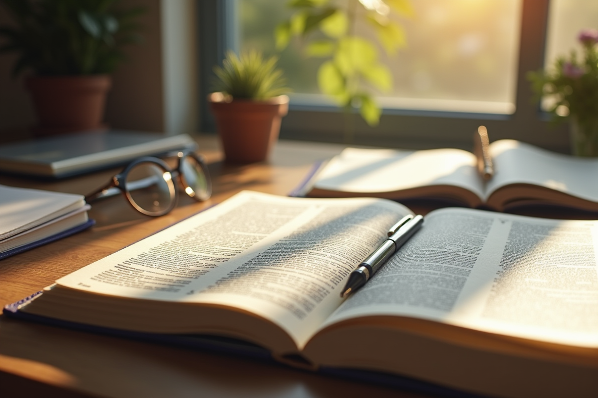 Dictionnaire ouvert sur un bureau ensoleille avec stylo et lunettes