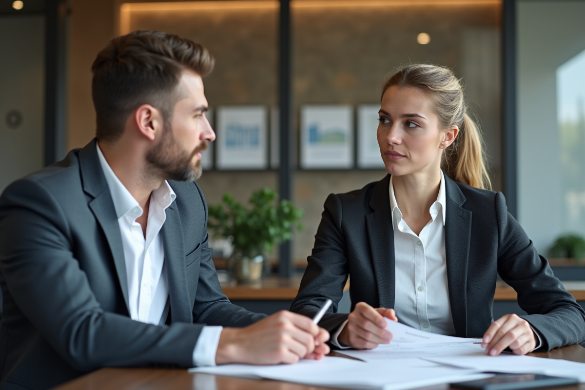 Homme et jeune femme discutant de documents financiers