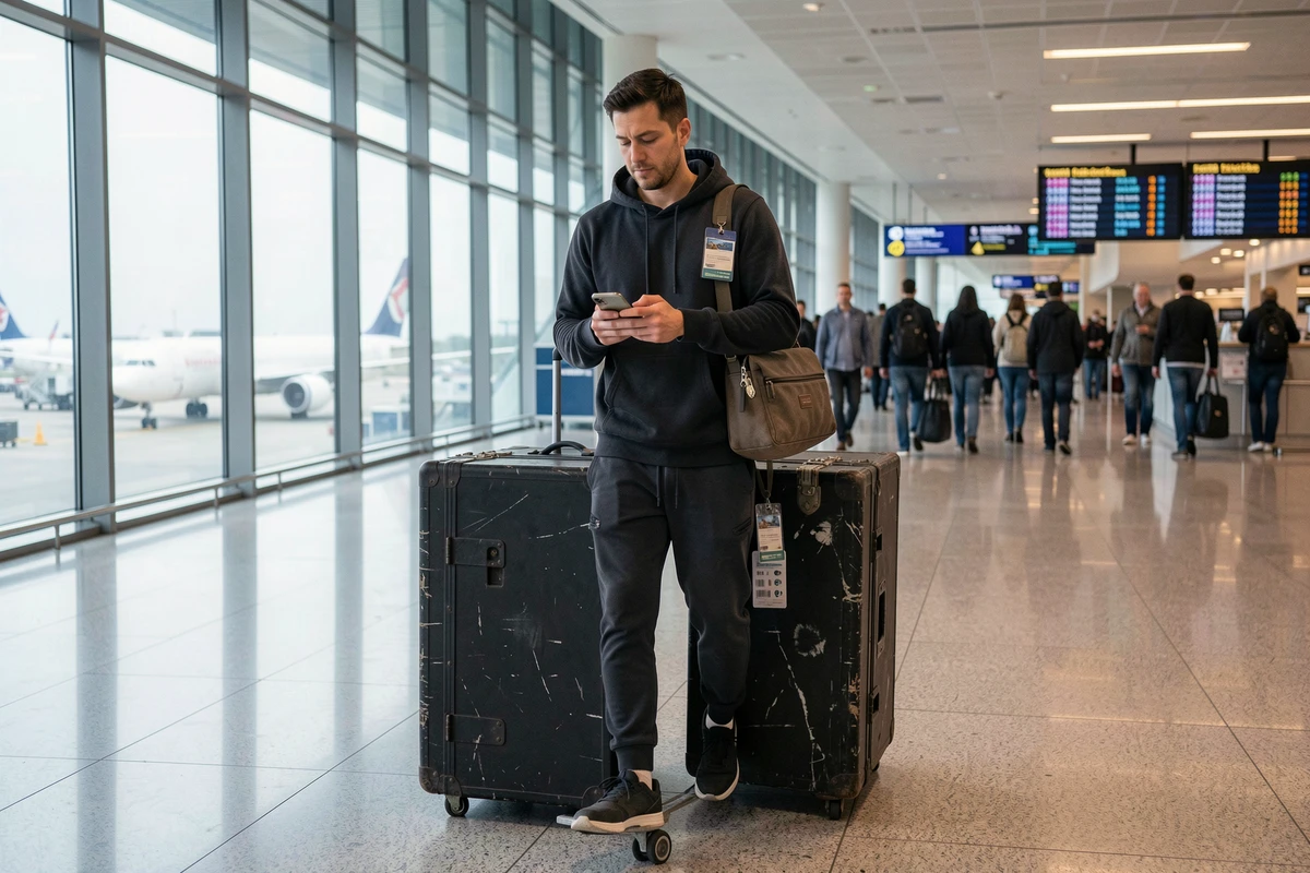DJ français en déplacement dans un aéroport international avec son équipement, vie en tournée