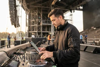 DJ français derrière sa console sur une grande scène de festival avant un concert, ambiance coulisses professionnelle