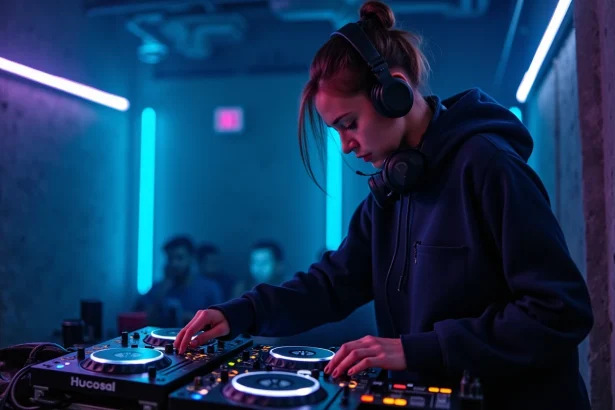 DJ française derrière ses platines CDJ dans un club underground parisien, scène techno hexagonale 2026