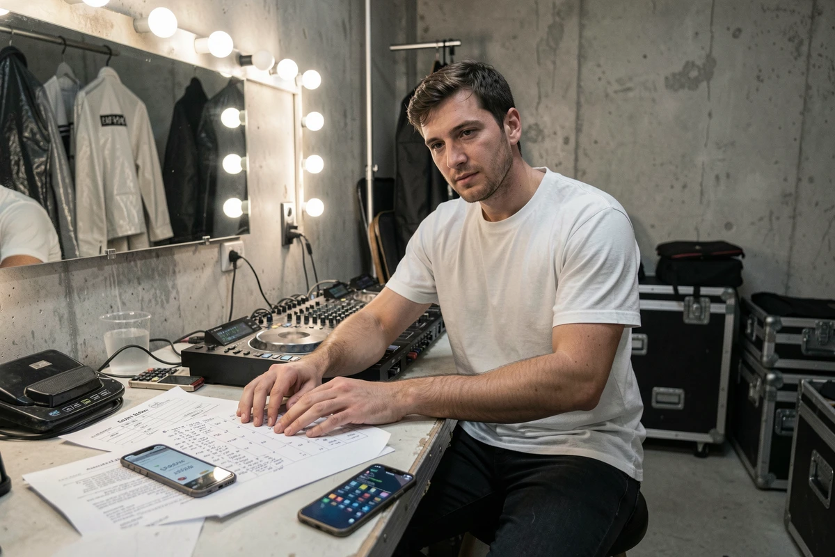 DJ en coulisses dans sa loge avec contrat de cachet et planning de tournée sur la table