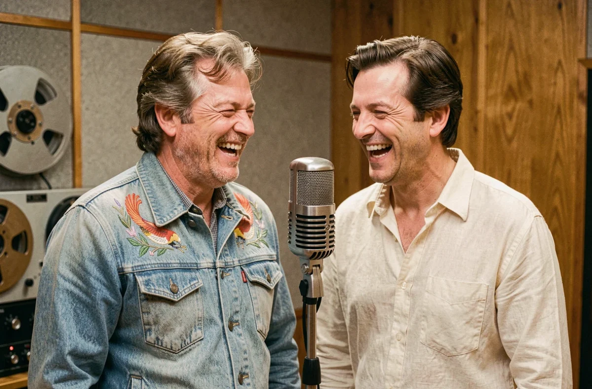 Duo de chanteurs britanniques des années 70 en session d'enregistrement, collaboration musicale historique