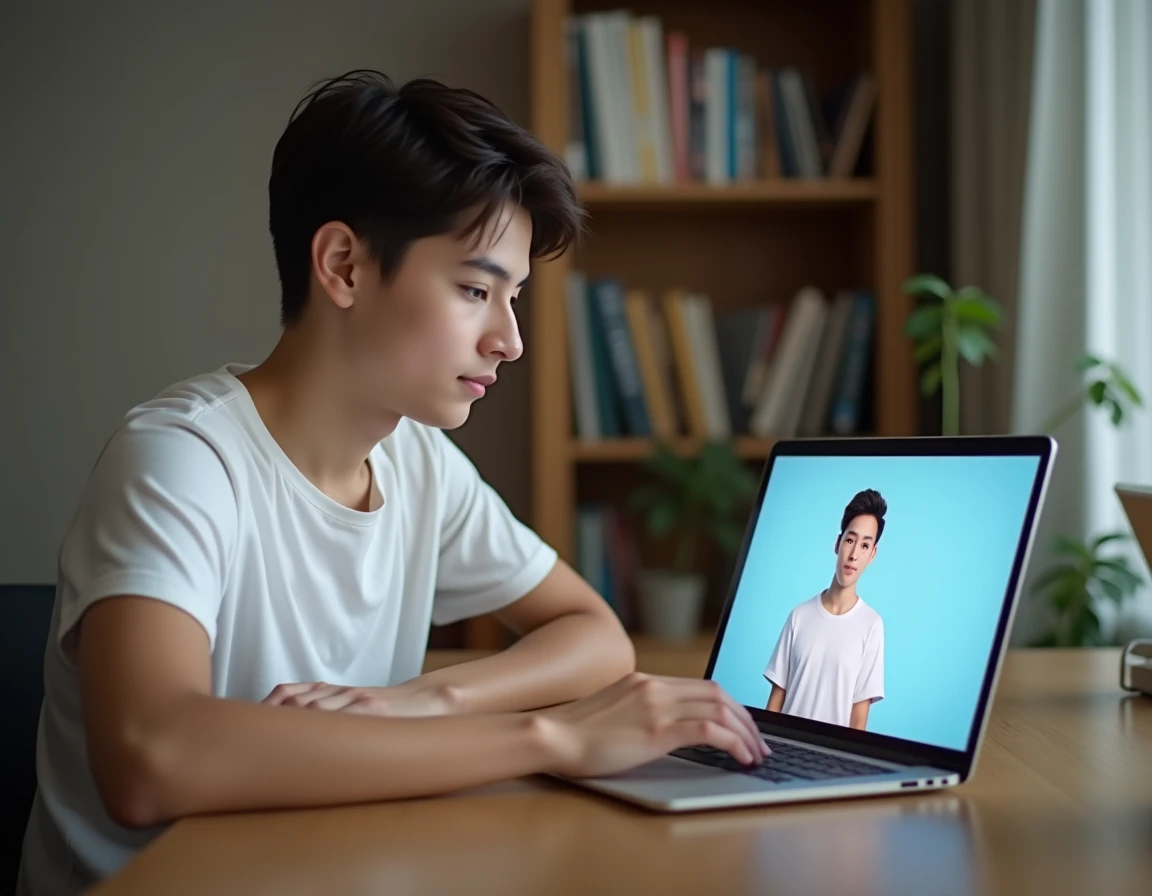 Jeune adulte soumettant une e-photo d'identité en ligne via le portail ANTS sur un ordinateur portable à domicile