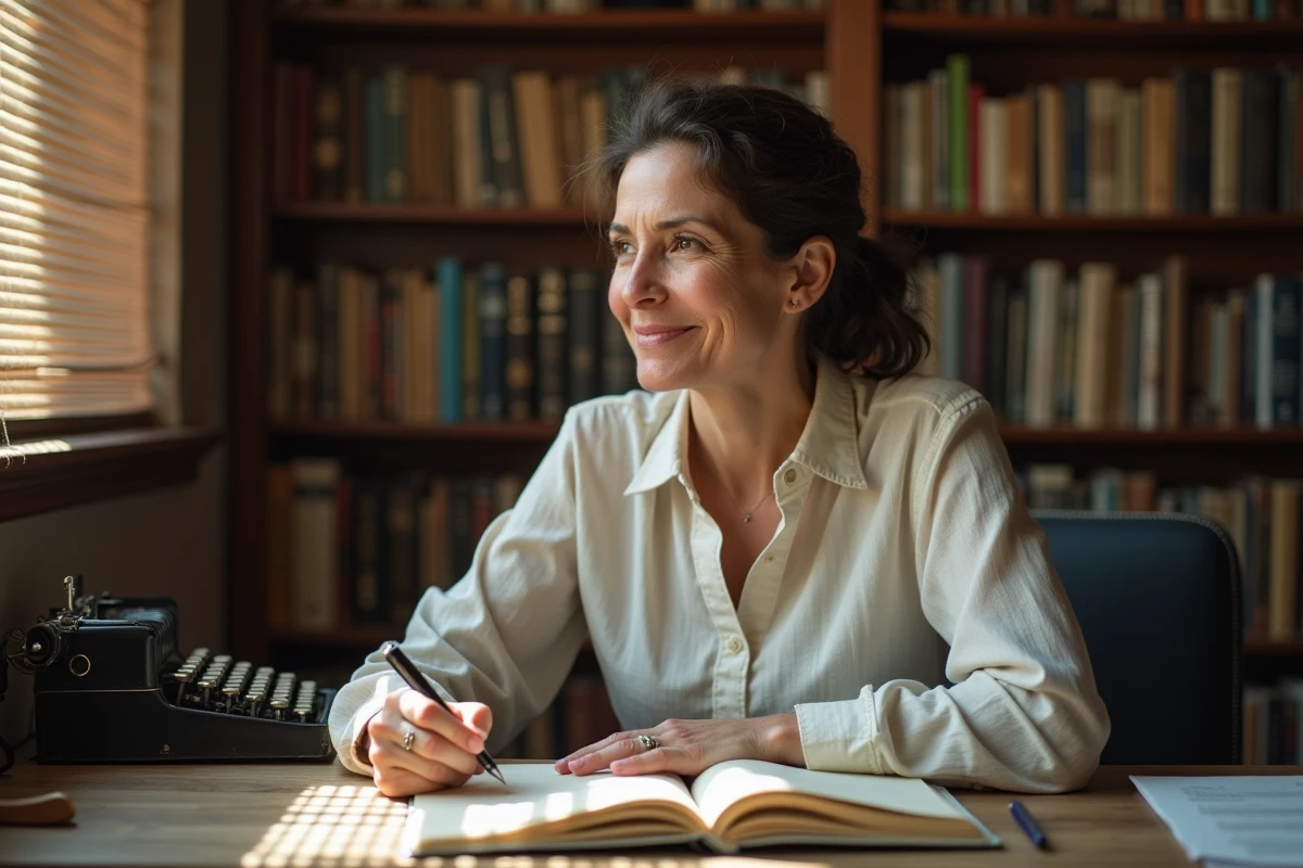 Femme écrivaine à son bureau encombré, souriant en prenant des notes pour des blagues d'humour noir dans un carnet manuscrit