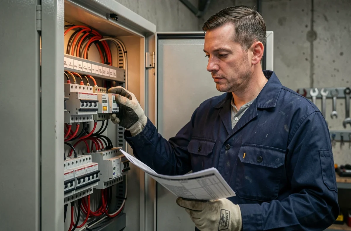 Électricien examinant un relais temporisé dans un tableau électrique industriel ouvert