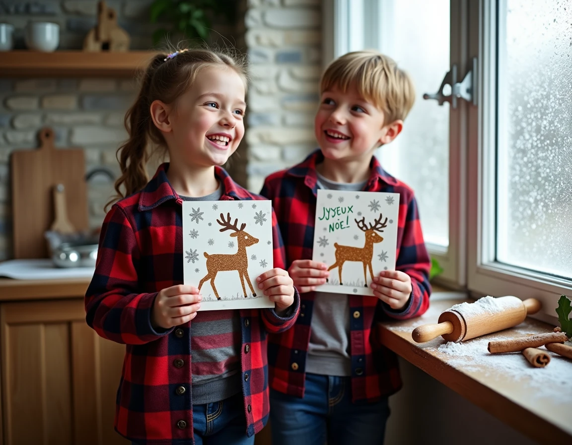 Deux enfants heureux tenant des cartes de voeux Joyeux Noël faites main avec des rennes et des flocons de neige peints à la main