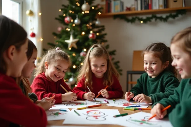 Enfants joyeux dessinant des images de Noël autour d'une table décorée avec des crayons colorés et des feuilles illustrées