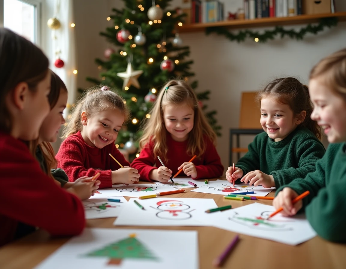 Enfants joyeux dessinant des images de Noël autour d'une table décorée avec des crayons colorés et des feuilles illustrées