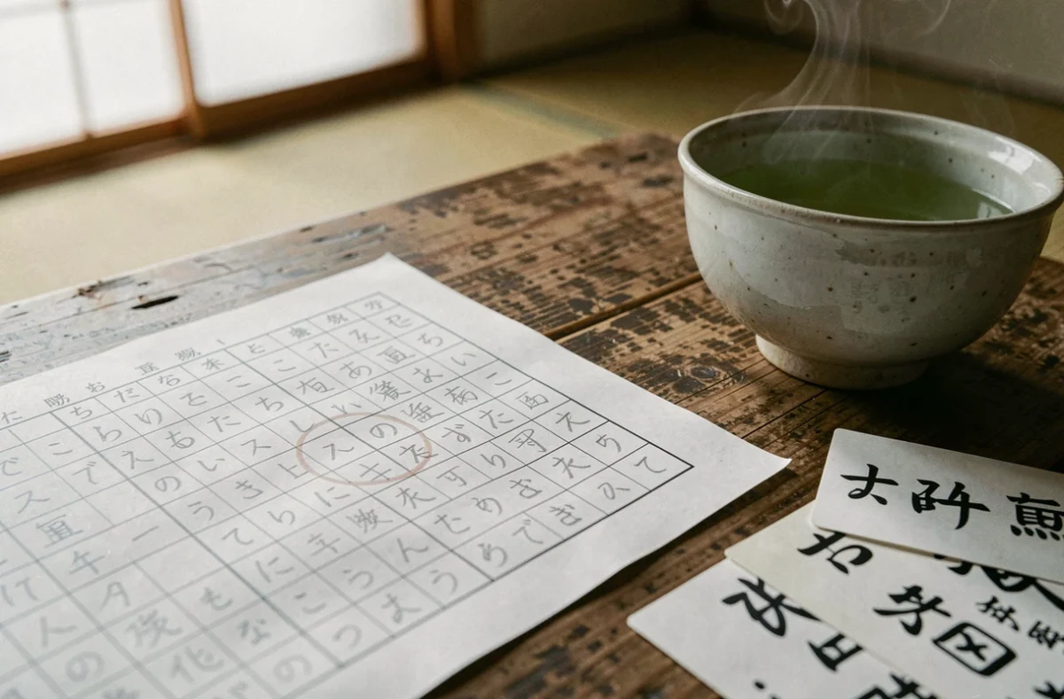 Grille de mots croisés japonais posée sur un bureau en bois avec une tasse de thé vert et des fiches de référence en kanji