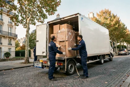 Équipe de déménagement professionnelle chargeant un camion dans une rue résidentielle des Hauts-de-Seine