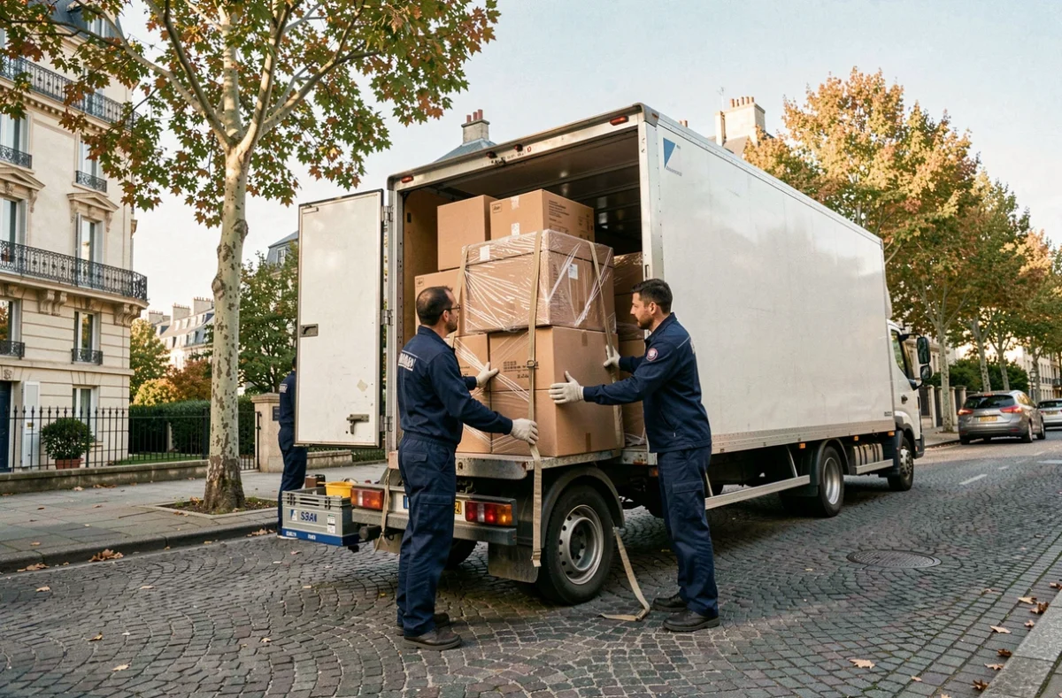 Équipe de déménagement professionnelle chargeant un camion dans une rue résidentielle des Hauts-de-Seine