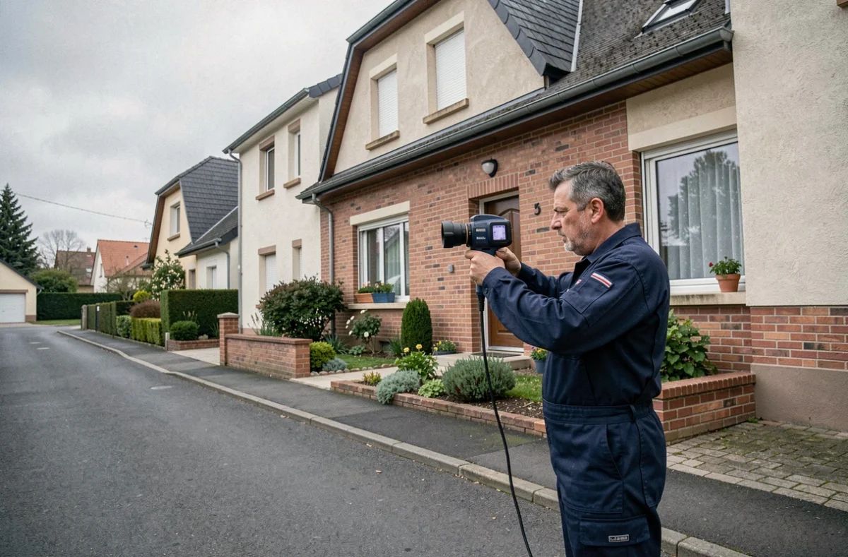 Technicien EPCC réalisant un diagnostic thermique par caméra infrarouge sur la façade d'une maison résidentielle en Essonne