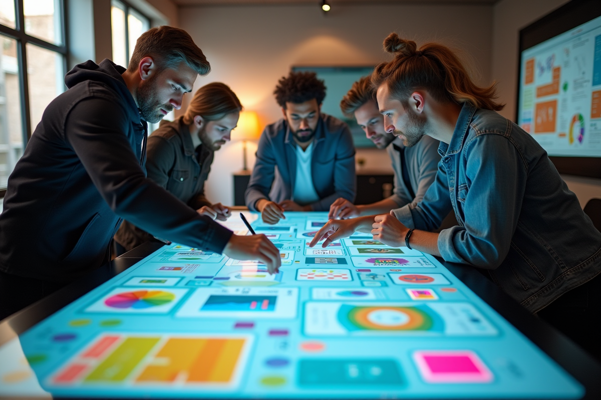 Groupe d inventeurs collaborant sur une table tactile moderne